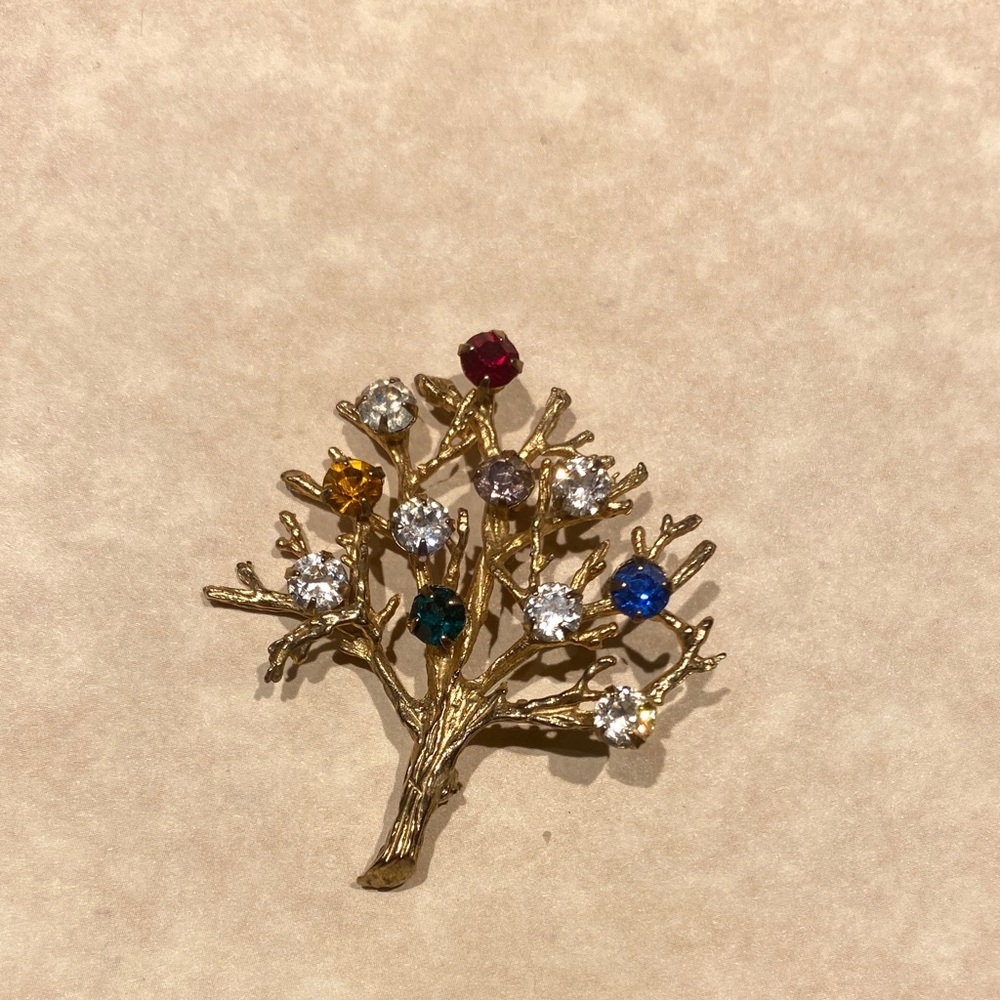 Sterling Gold Wash Tree of Life Brooch with prong set Colorful Gemstones